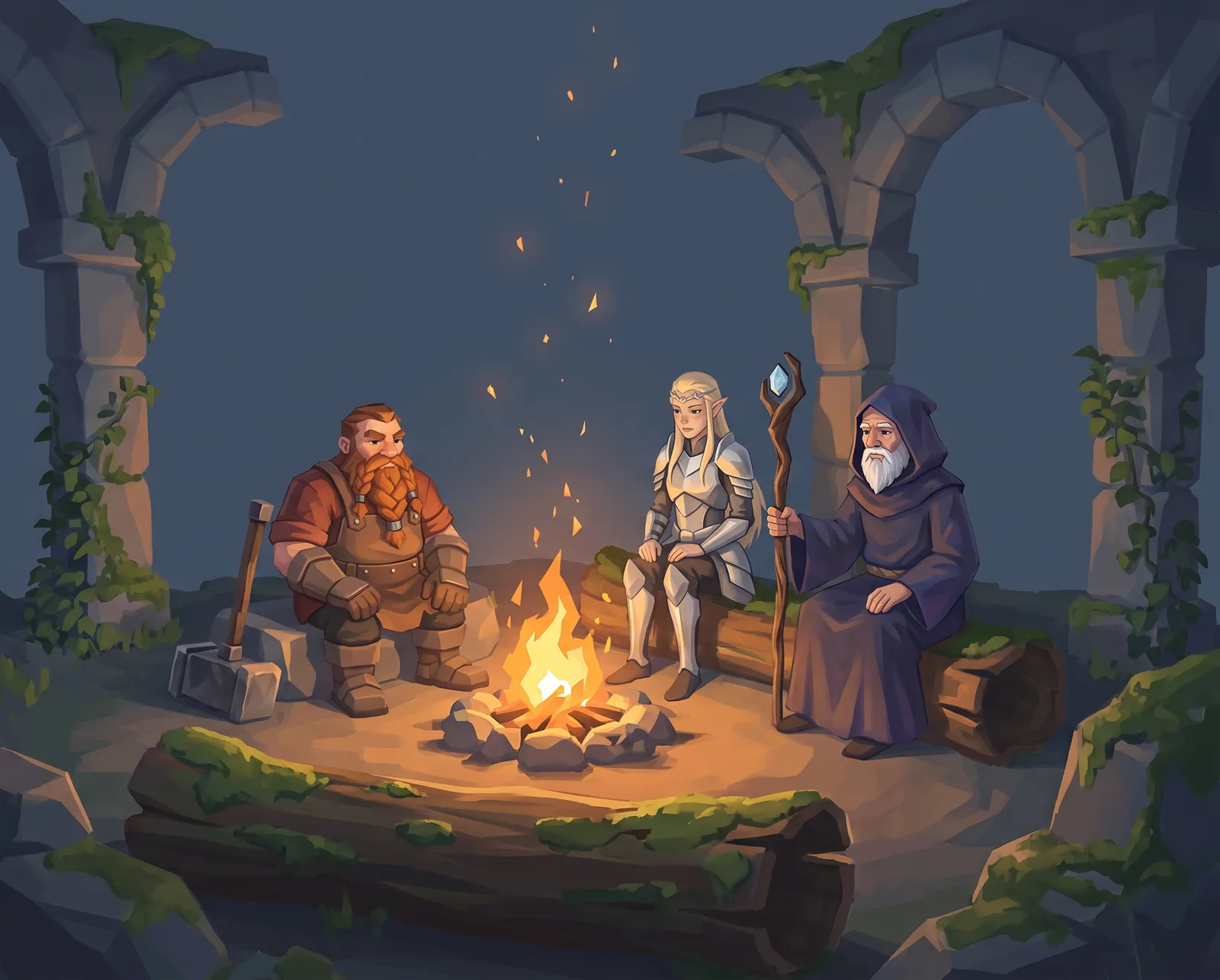 A dwarf, an elf and a sage sit around a campfire with one empty seat