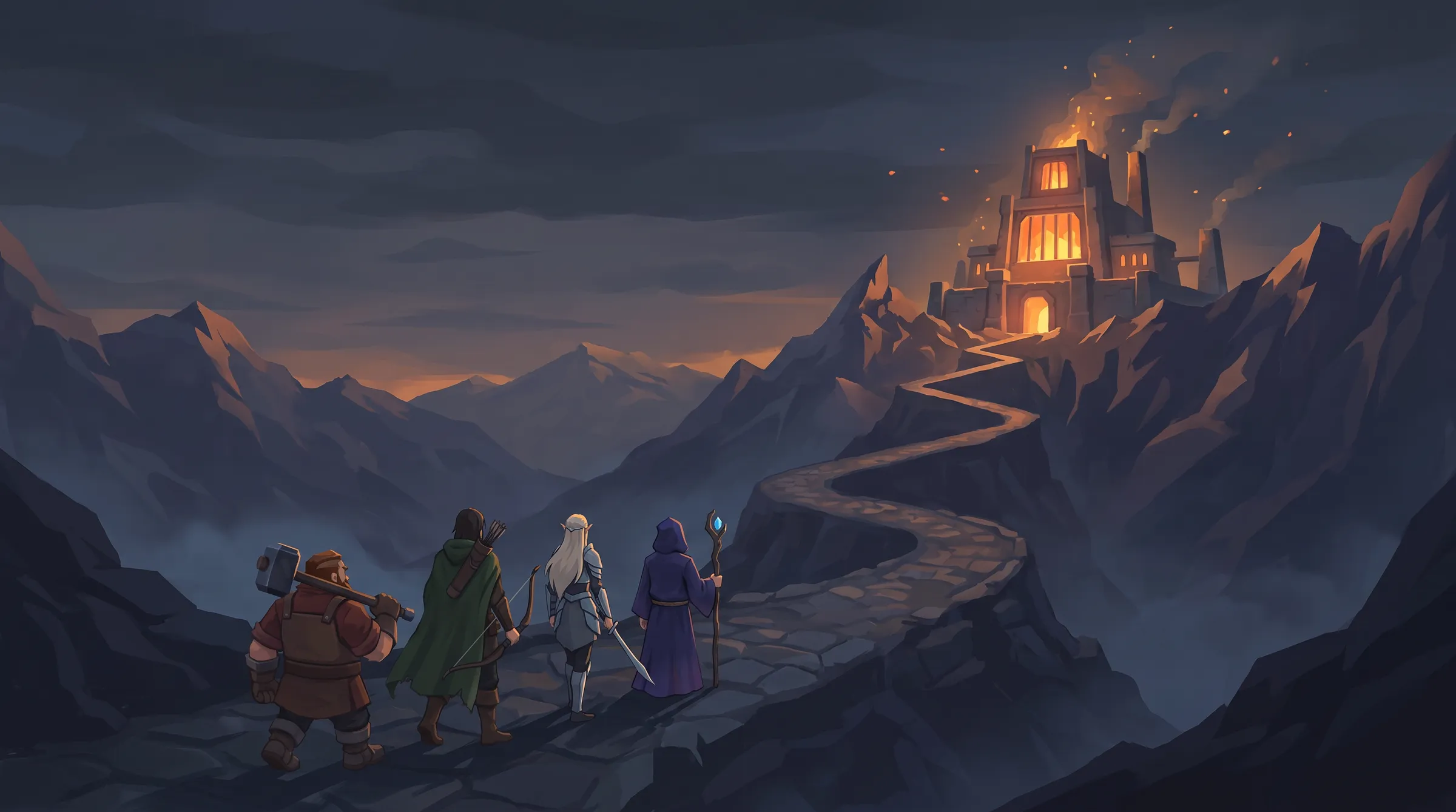 Four heroes walk a winding mountain road toward a forge-lit keep at dusk